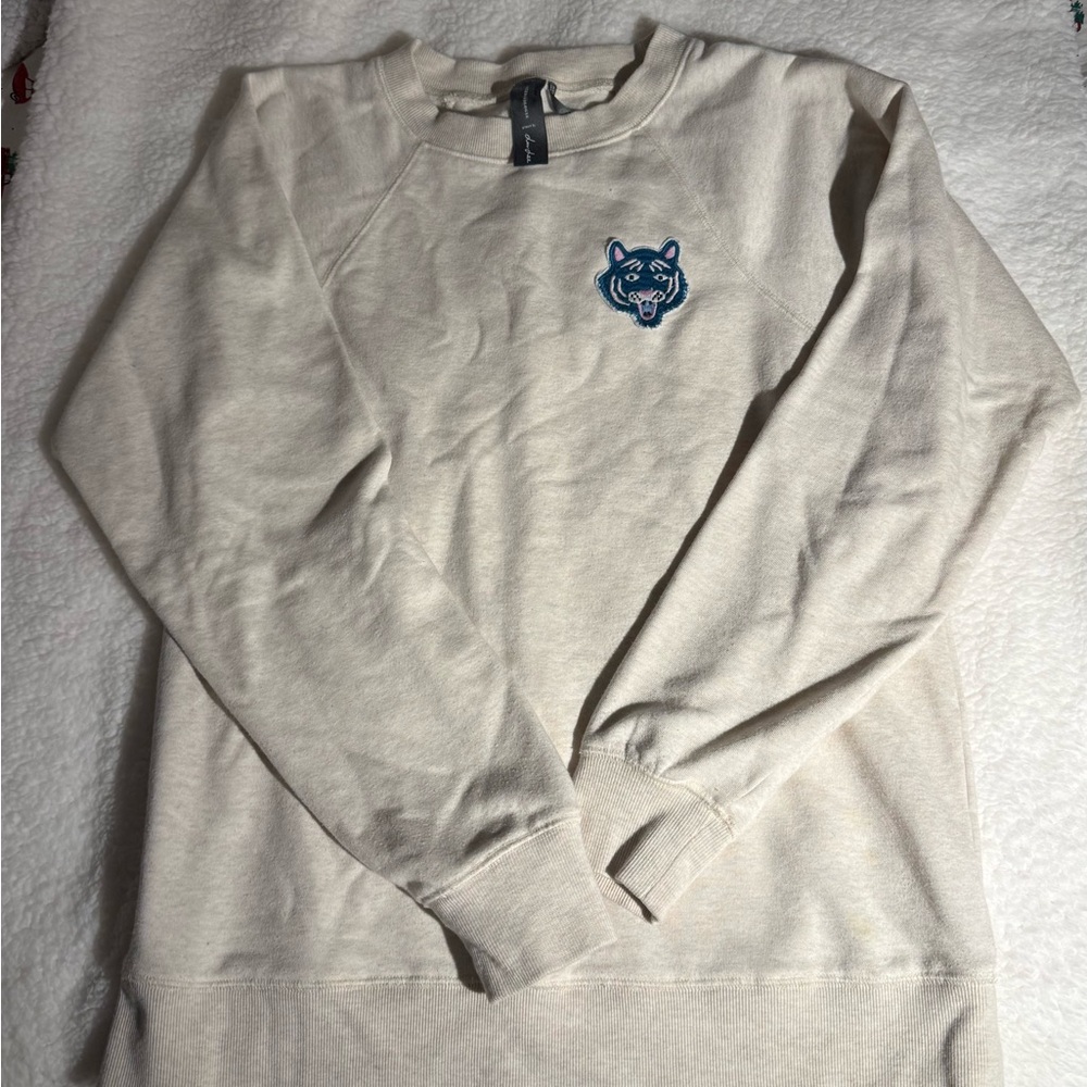 Anthropologie Light Cream Crewneck Sweater with Blue Tiger Patch